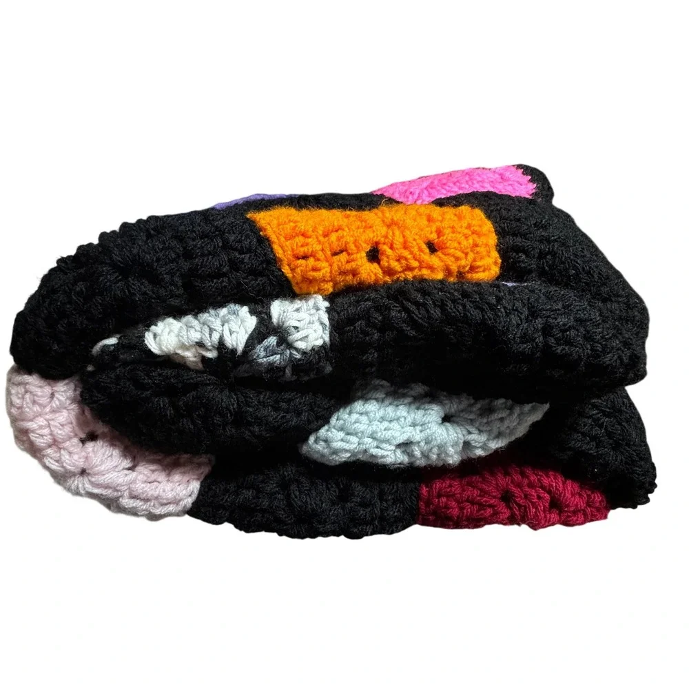 Handmade Granny Square Crochet‎ Afghan Blanket Multi-Color Patchwork Large Black